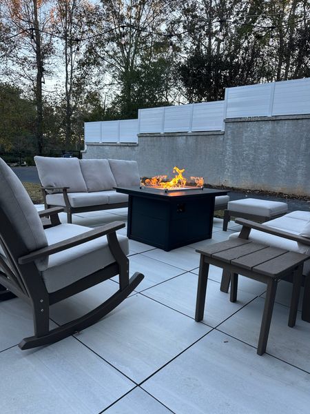 Outdoor oasis😍 love our backyard fire pit! I’ve linked what we used to create and paint the concrete patio as well as what we use to clean it! We sit out here year round. Most of the items are from Lowe’s, however, some of the items aren’t on LTK. Backyard oasis, back deck, outdoor deck, patio

#LTKhome