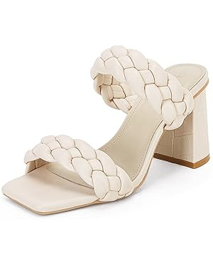 Syktkmx Women's Braided Heeled Sandals Backless Square Open Toe Block Slide Sandals | Amazon (US)