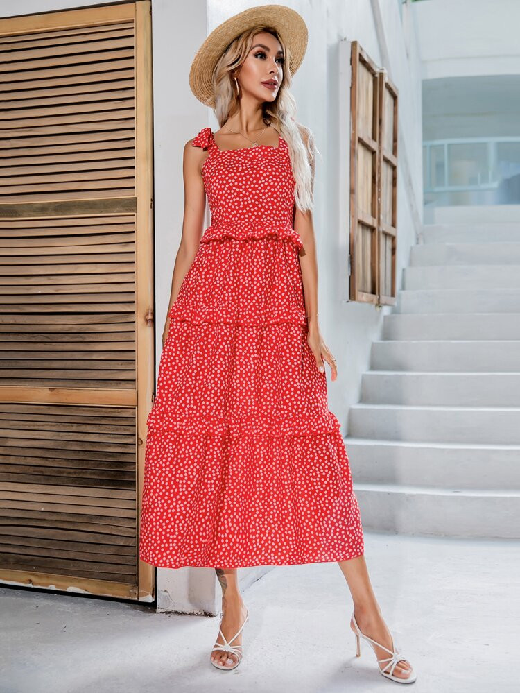 Tie Shoulder Ditsy Floral Tiered Cami Dress | SHEIN