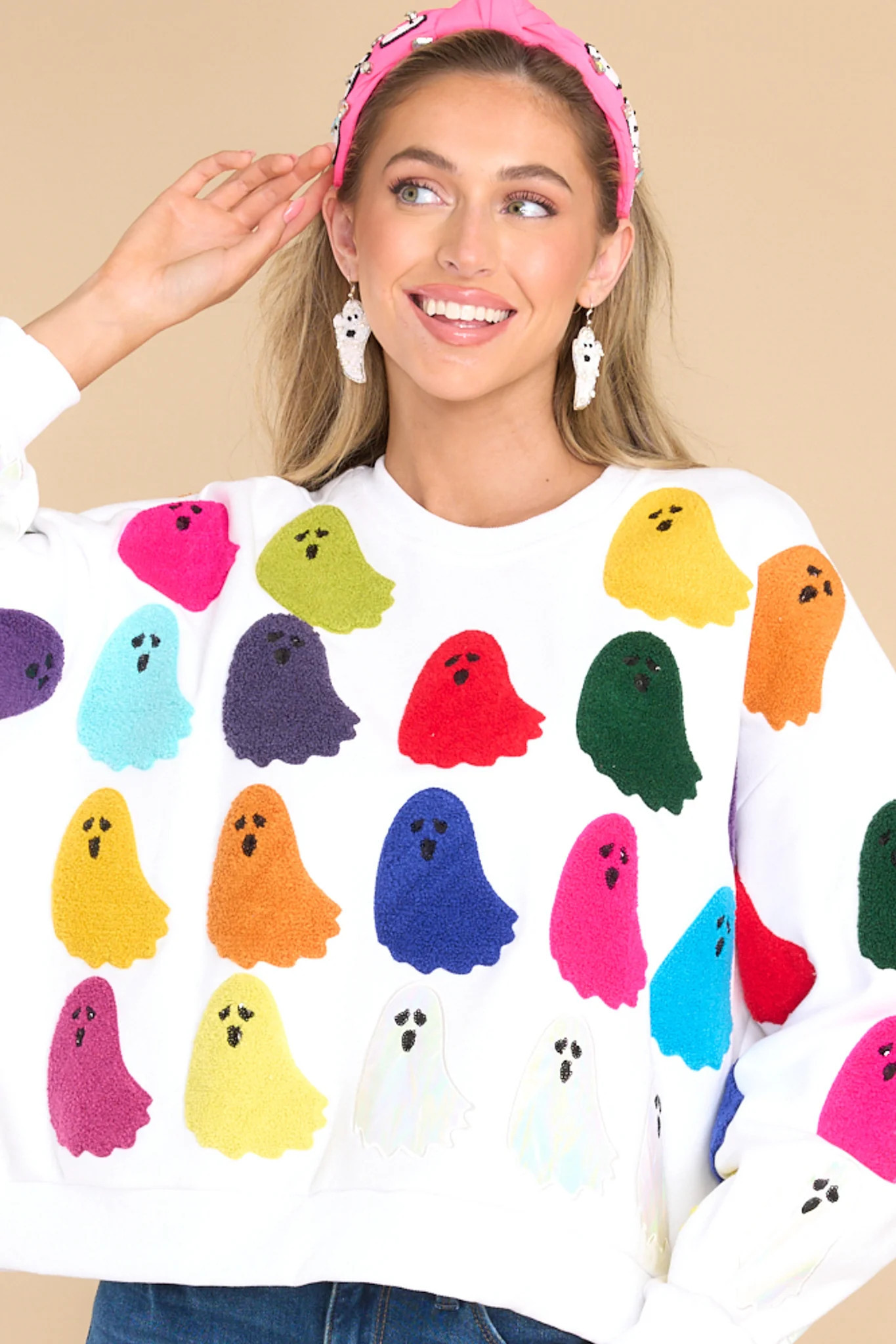 Rainbow Fuzzy Ghost White Sweatshirt | Red Dress 