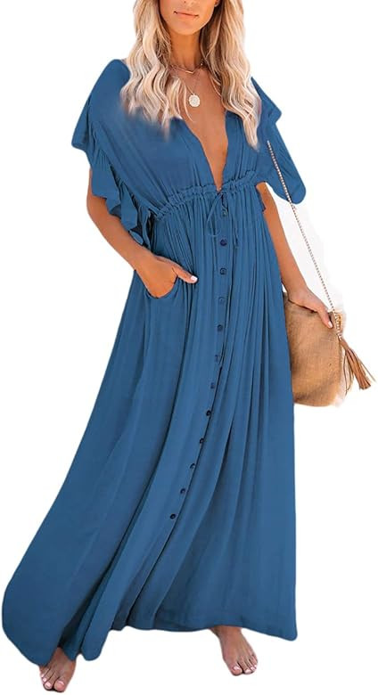 Bsubseach Women Sexy Backless Ruffle Sleeve Button Bikini Swimsuit Cover Ups | Amazon (US)