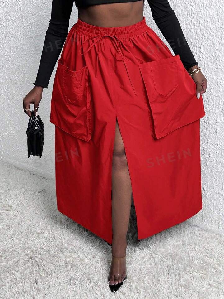 SHEIN Slayr Plus Drawstring Waist Dual Pocket Split Thigh Skirt | SHEIN
