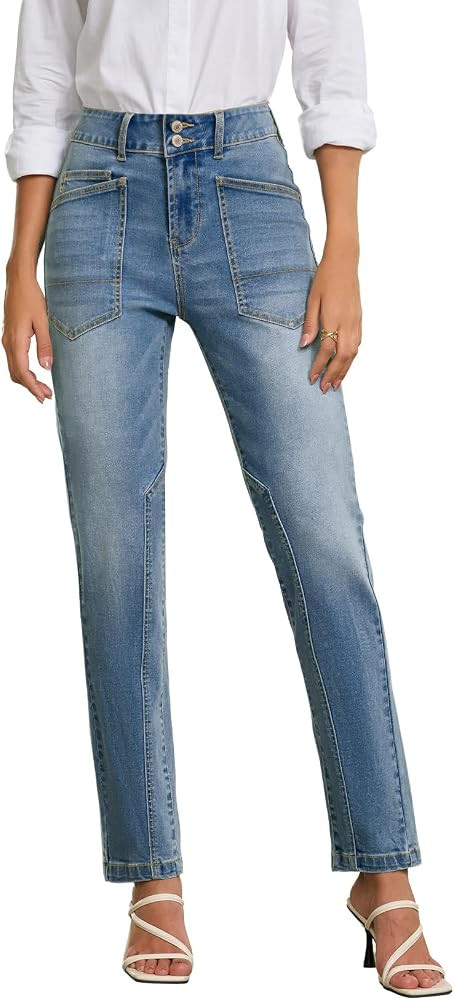 EVALESS Jeans for Women High Waisted Stretchy Trendy Paneling Straight Leg Relaxed Fit Ankle Deni... | Amazon (US)