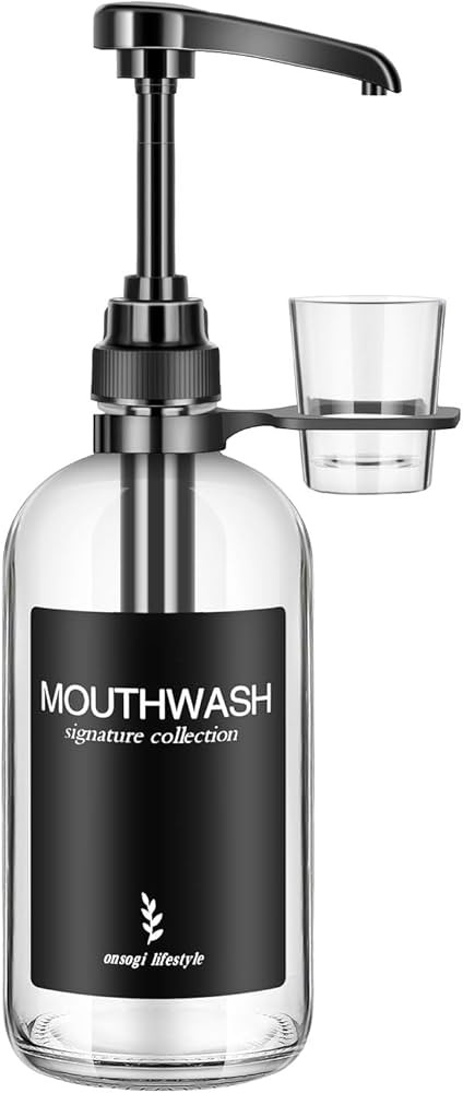 Onsogi Clear Glass Mouthwash Dispenser with Black Cup Holder and Pump, 16 Oz Rustic Boho Mouthwas... | Amazon (US)