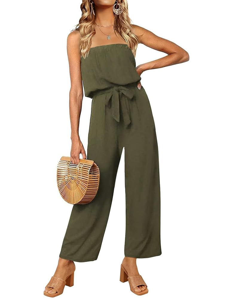 ZESICA Women's Casual Off Shoulder Solid Color Strapless Belted Wide Leg Jumpsuit Romper | Amazon (US)