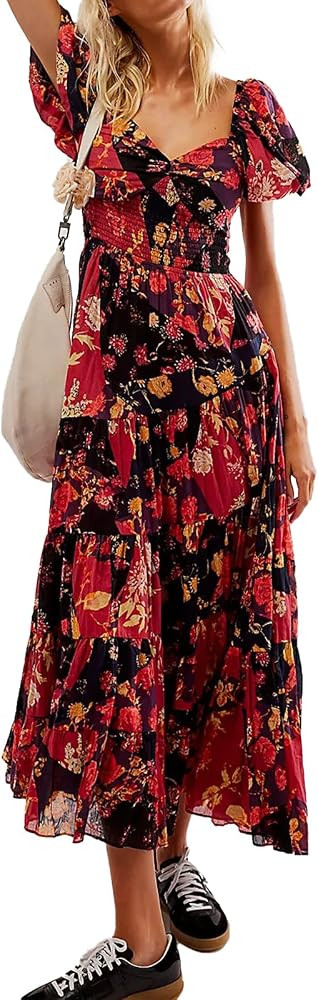 Women Floral Maxi Dress Short Puff Sleeve V Neck Bohemian Flowy Dress Smocked Casual Spring Summe... | Amazon (US)