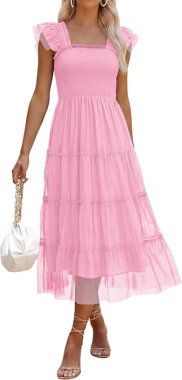 ANRABESS Women Summer Floral Midi Dress Sleeveless Boho Flowy Smocked RuffleTulle Beach Vacation ... | Amazon (US)