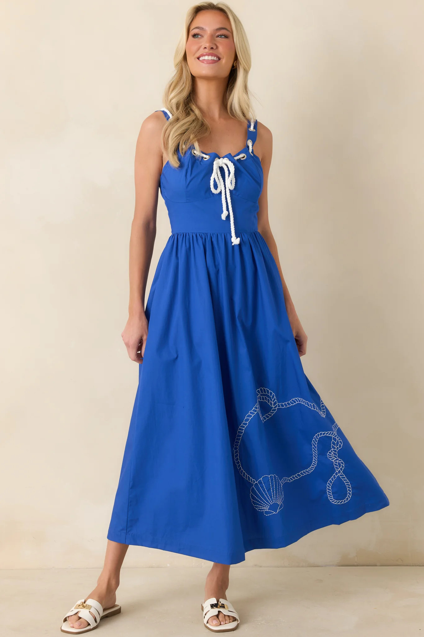 Knot Too Far Royal Blue Cotton Embroidered Midi Dress | Red Dress