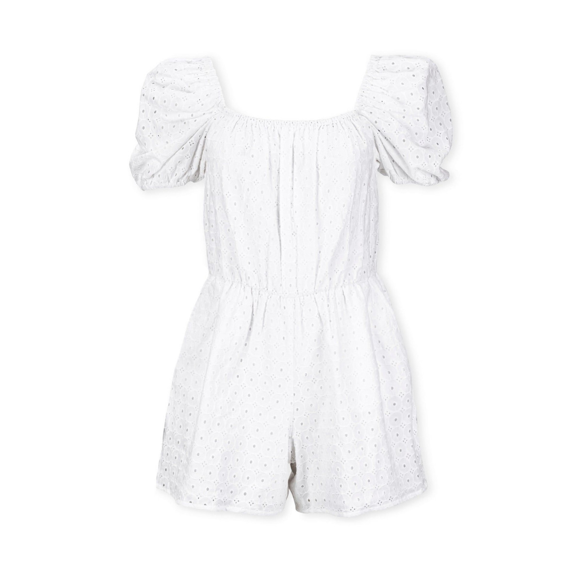 Hope & Henry Women's Organic Cotton Puff Sleeve Eyelet Romper - White circle grid eyelet | Macy's