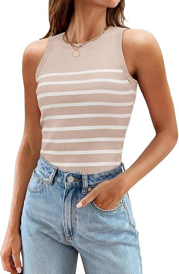 MEROKEETY Women's Ribbed Knit Tank Top 2025 Summer Casual High Neck Striped Sleeveless Shirts | Amazon (US)