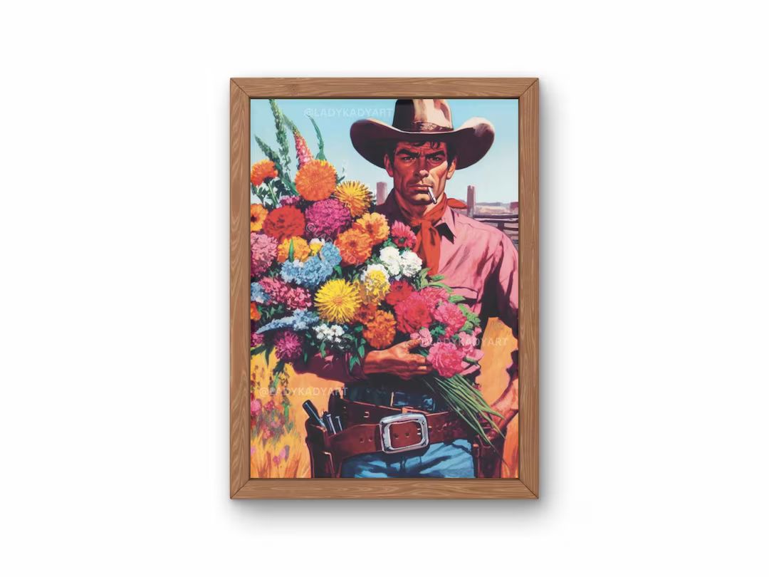 Floral Cowboy Art, Vintage Cowboy Art Print, Western Art Print, Western Cowboy gift, Retro Cowboy... | Etsy (US)