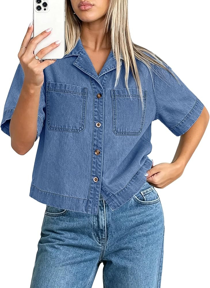 Womens Crop Denim Top Short Sleeve Denim Shirt Button Down Jean Top for Women Cropped Jean Shirts... | Amazon (US)