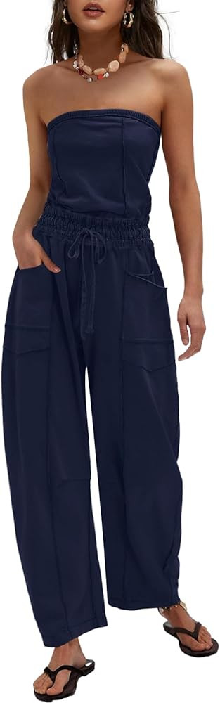 Womens Casual Strapless Jumpsuits off the Shoulder Summer Rompers Sleeveless One Piece Outfits wi... | Amazon (US)