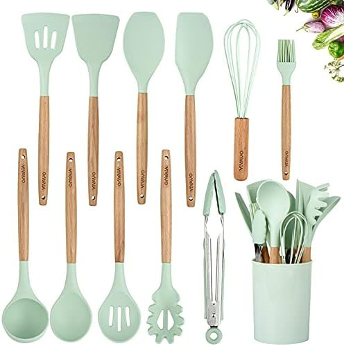 VIVAYO Silicone Cooking Utensil Kitchen Utensils Set, 12 Pieces Silicone Kitchen Utensil Wooden H... | Amazon (US)