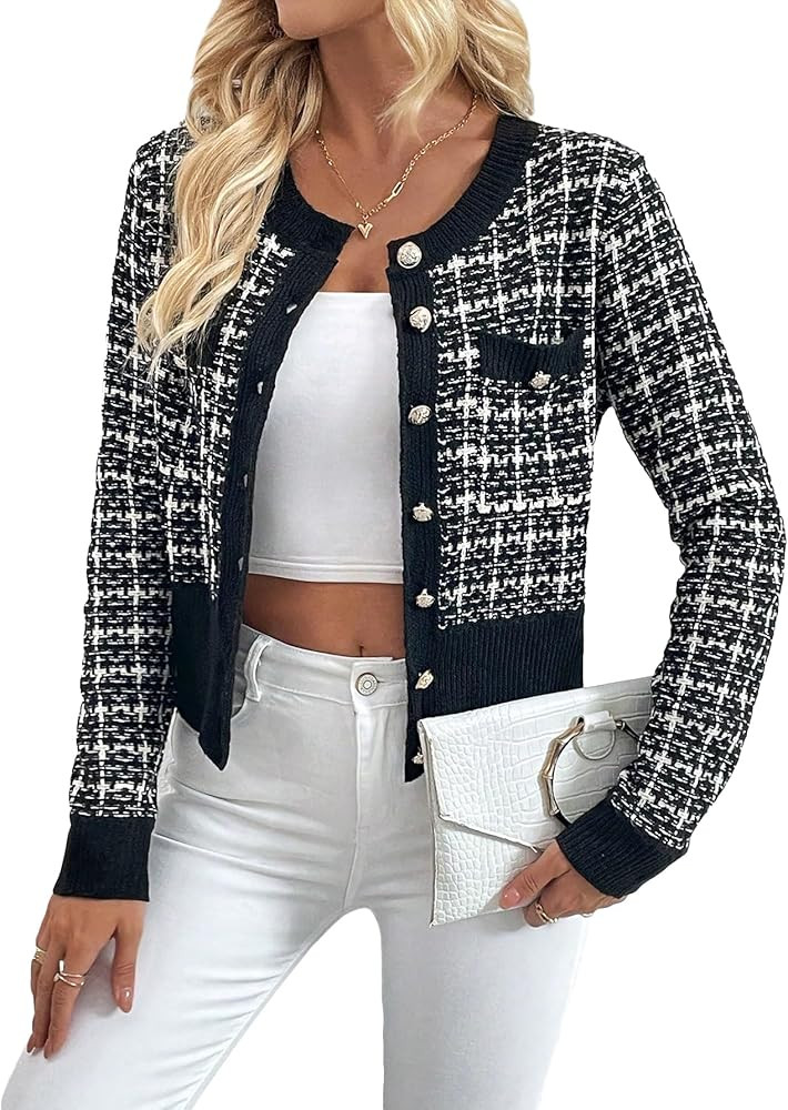 GORGLITTER Women's Plaid Pattern Button Down Cardigan Pocket Patched Long Sleeve Knit Top | Amazon (US)