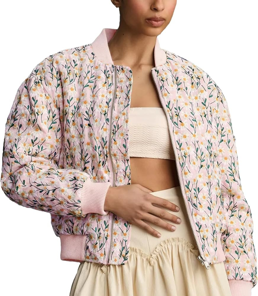 Shiyifa Women's Embroidered Daisy Cropped Bomber Jacket Long Sleeve Quilted Puffer Jackets Padded... | Amazon (US)