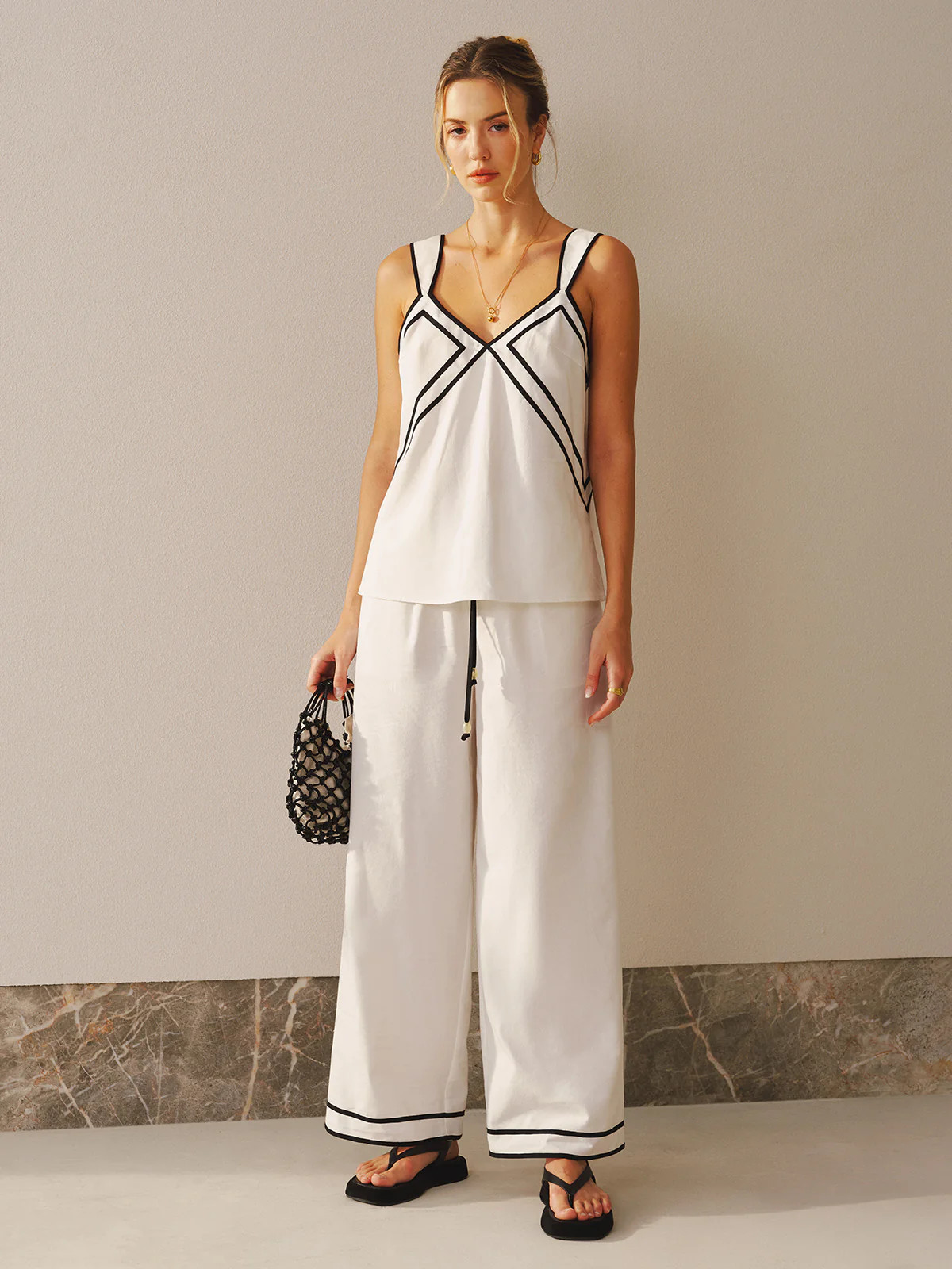 Contrast Trim Cami Top & Wide Leg Pants Set | Commense