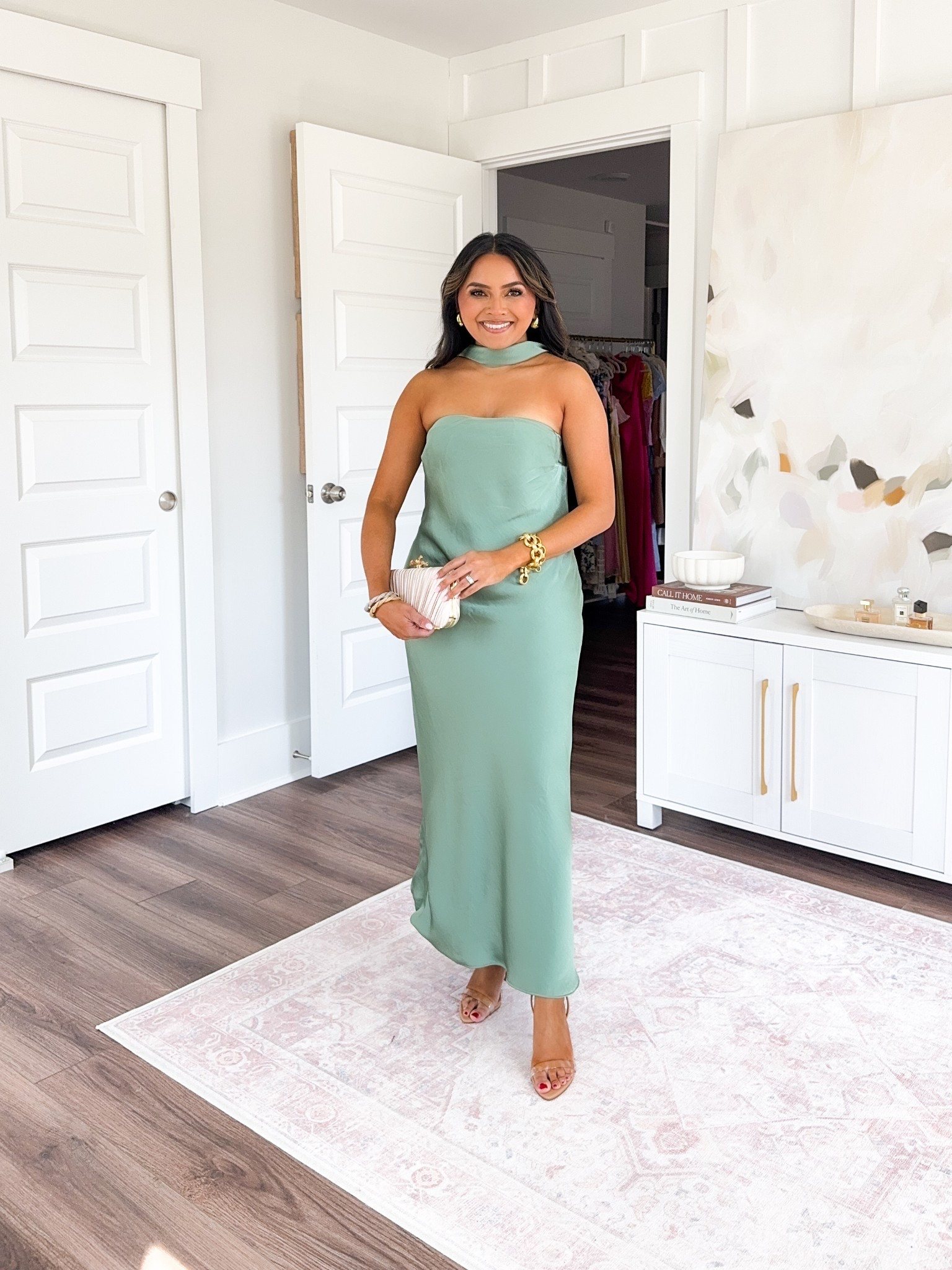 Green dress with neck scarf size small petite - I sized up a size for room in the hips
Clear heels size 5 TTS


#LTKWedding #LTKSpringSale #LTKPetite