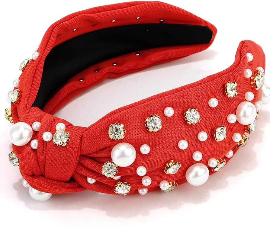Atoden Red Knotted Headbands with Pearl Rhinestone Womens Headbands Wide Top Knot Headbands Beade... | Amazon (US)
