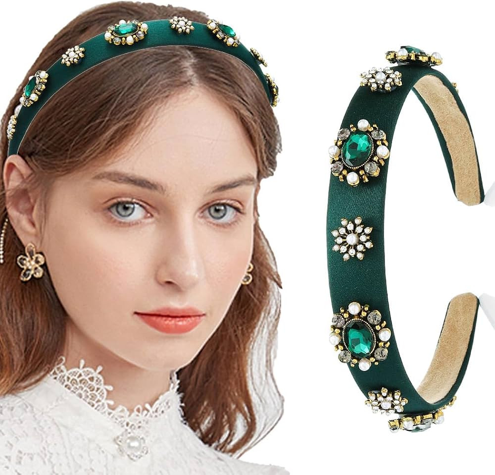 Green Jewelry Headbands Thin Baroque Hairbands for Women Pearl Rhinestones Hair Hoops with Emeral... | Amazon (US)