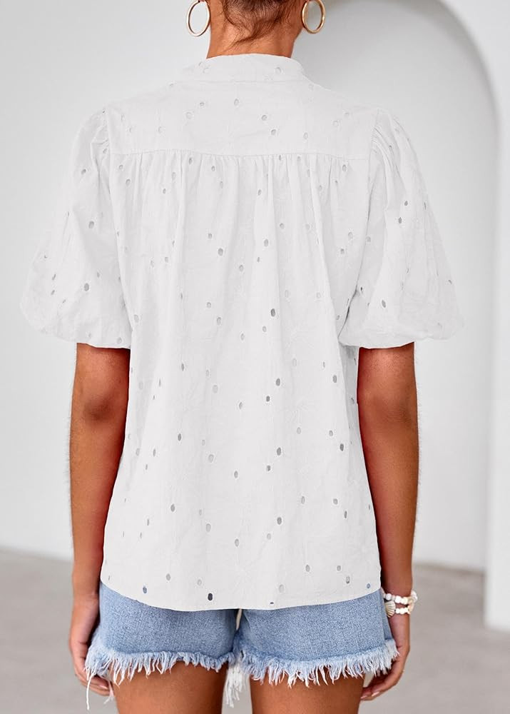 Lazysmile Summer Boho Tops for Women Short Sleeve V Neck Button Down Hollow Out Lace Embroidered ... | Amazon (US)