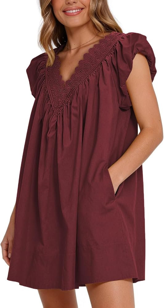 Senllen Cotton Summer Dresses for Women 2026 A Line Puff Short Sleeve V Neck Casual Babydoll Boho... | Amazon (US)