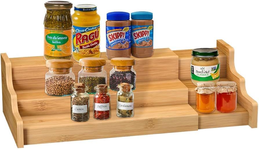 Spice Rack Kitchen Cabinet Organizer- 3 Tier Bamboo Expandable Display Shelf | Amazon (US)
