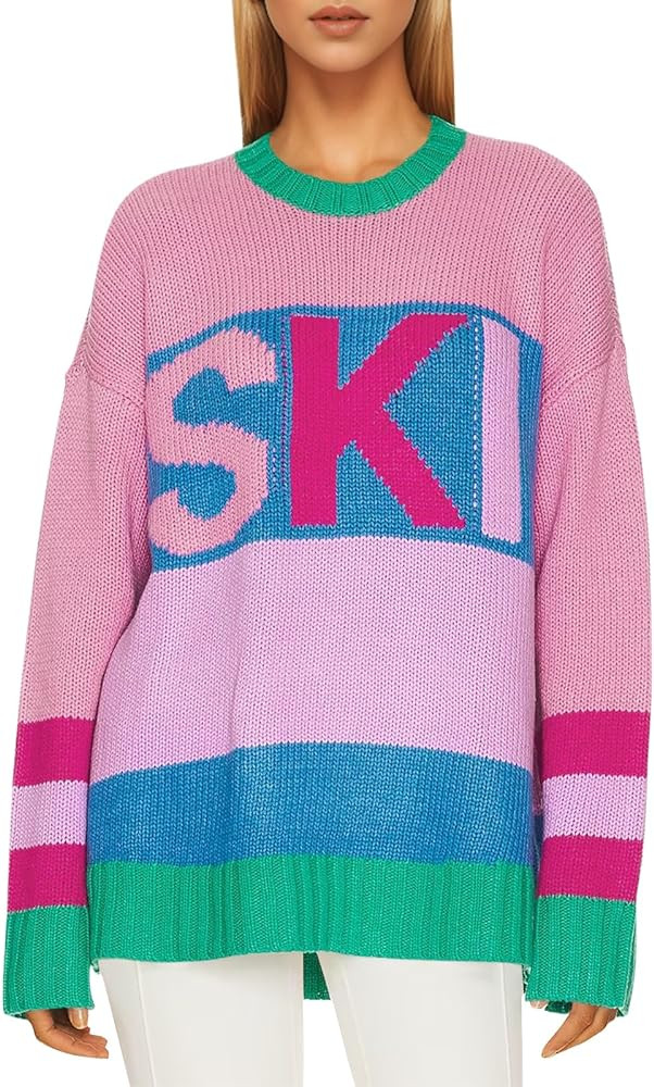 Saodimallsu Womens Color Block Oversized Sweater Ski Print Fall Trendy Crew Neck Long Sleeve Pull... | Amazon (US)