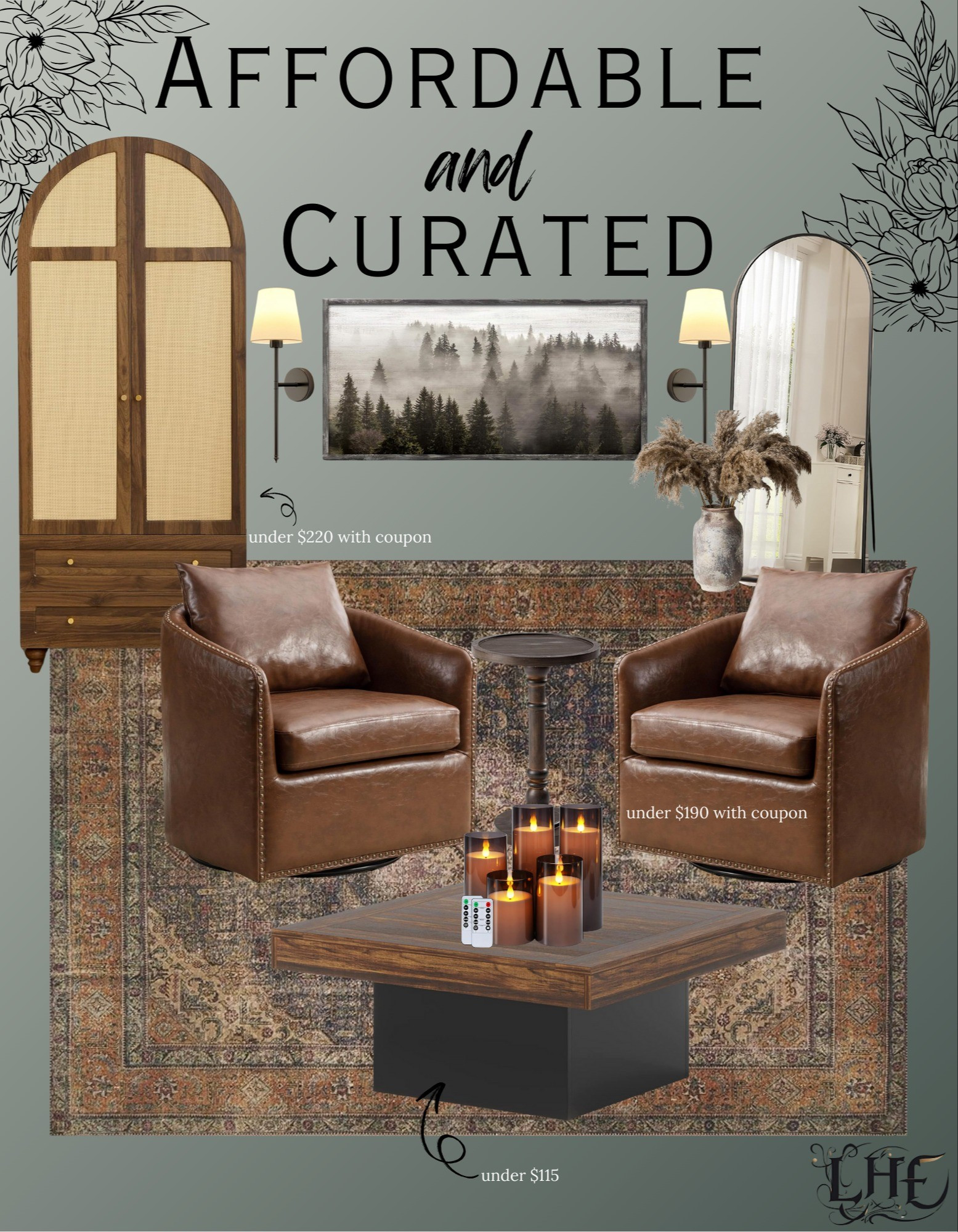 Amazon affordable curated living room 🙌 All affordable living room finds! All of theses finds are on sale or have a coupon available! Shop below 👇.  . . Affordable living room, living room inspo, moody living room, rustic farmhouse living room, rustic living room, storage cabinet, arched storage cabinet, arched floor mirror, amazon mirror, leather chairs, coffee table, rustic coffee table, wall art, wall sconces, wall lights, coffee table decor, swivel chair, vintage rug, amazon rug, rustic rug, rustic farmhouse, rustic farmhouse decor, floor vase, amazon home, accent table, side table, living room cabinet, living room furniture, arched cabinet, curated living room 

#LTKHome #LTKStyleTip #LTKSaleAlert