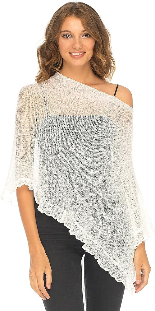 SHU-SHI Womens Sheer Poncho Shrug Lightweight Knit Ruffle Sweater Top White at Amazon Women’s C... | Amazon (US)
