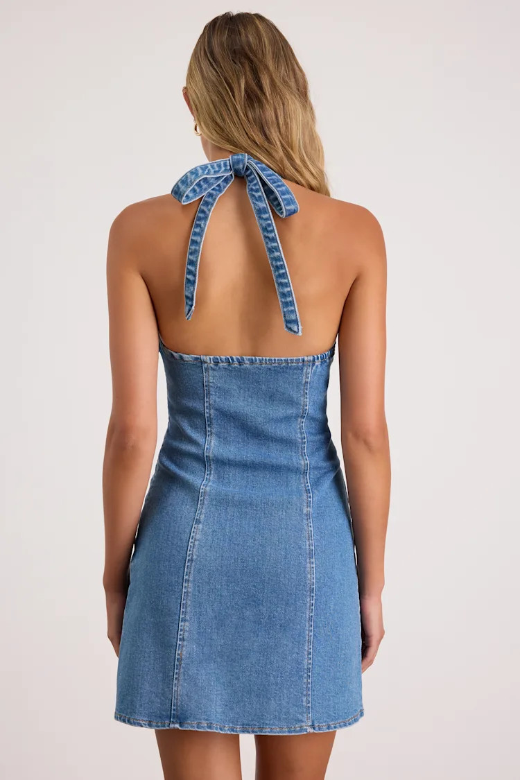 Luce Medium Wash Denim Halter Mini Dress | Lulus