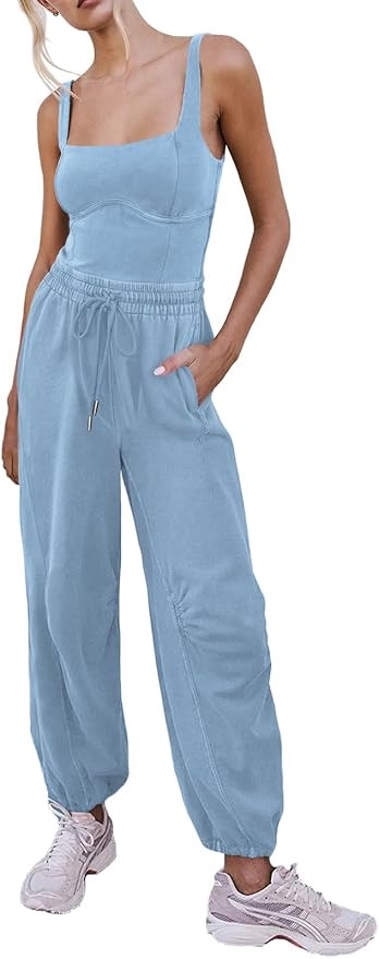 Women's Sleeveless Summer Jumpsuit Square Neck Drawstring Waist Long Romper Jumpers 2026 with Poc... | Amazon (US)