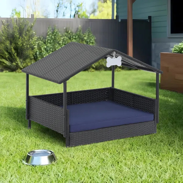 Outdoor Wicker Dog Sofa With Roof And Cushion | Wayfair North America