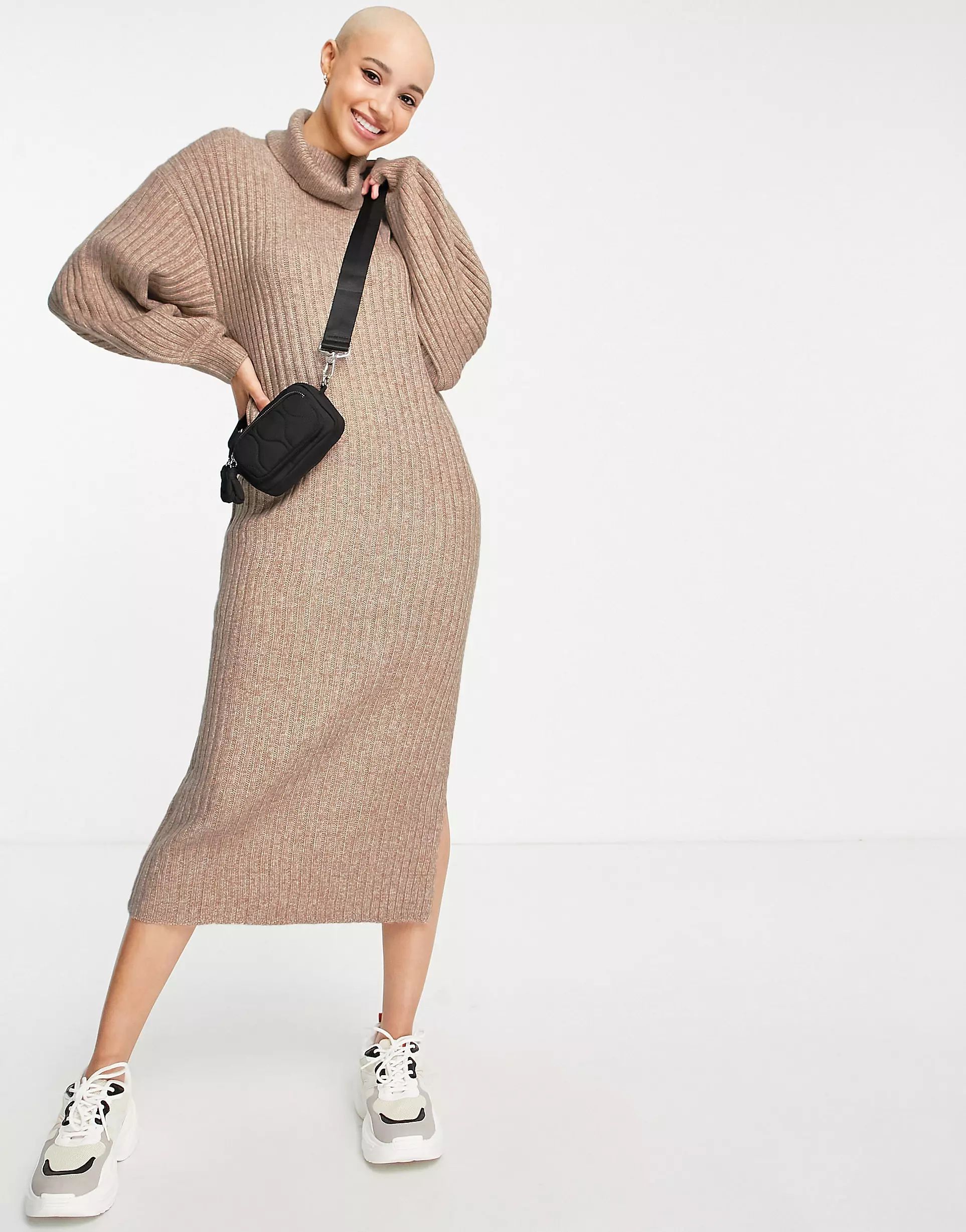 ASOS DESIGN ribbed midi dress with cowl neck in taupe | ASOS (Global)