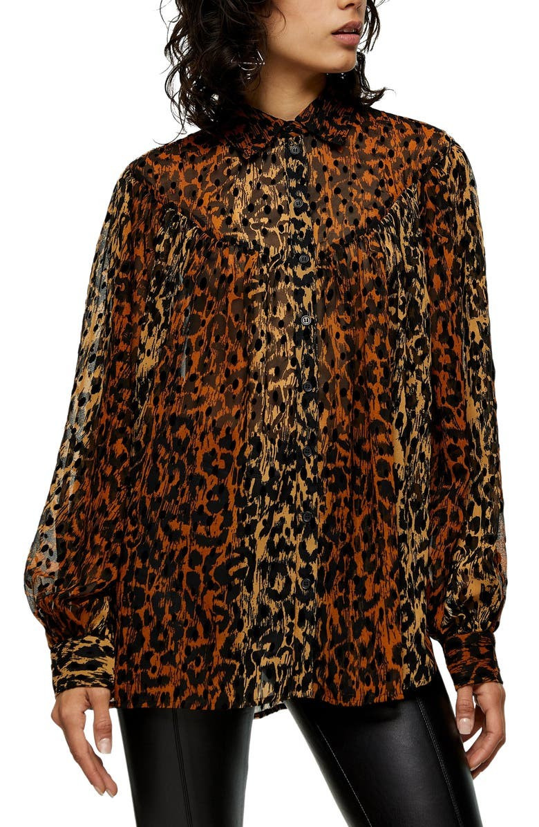 Topshop Animal Print Flocked Oversize Blouse | Nordstrom | Nordstrom