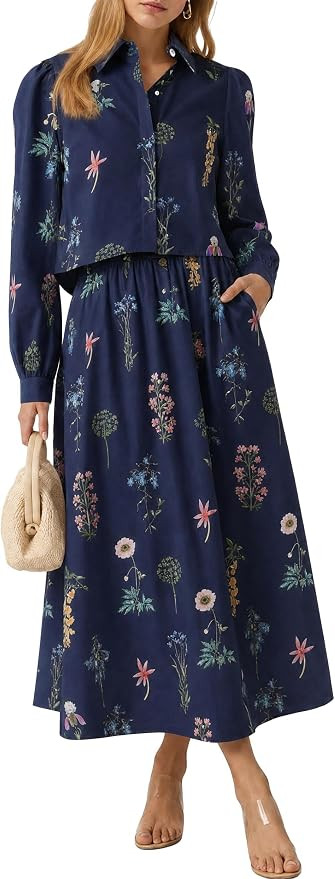 Tankaneo Womens 2 Piece Floral Cropped Blouse Maxi Skirts Matching Sets | Amazon (US)