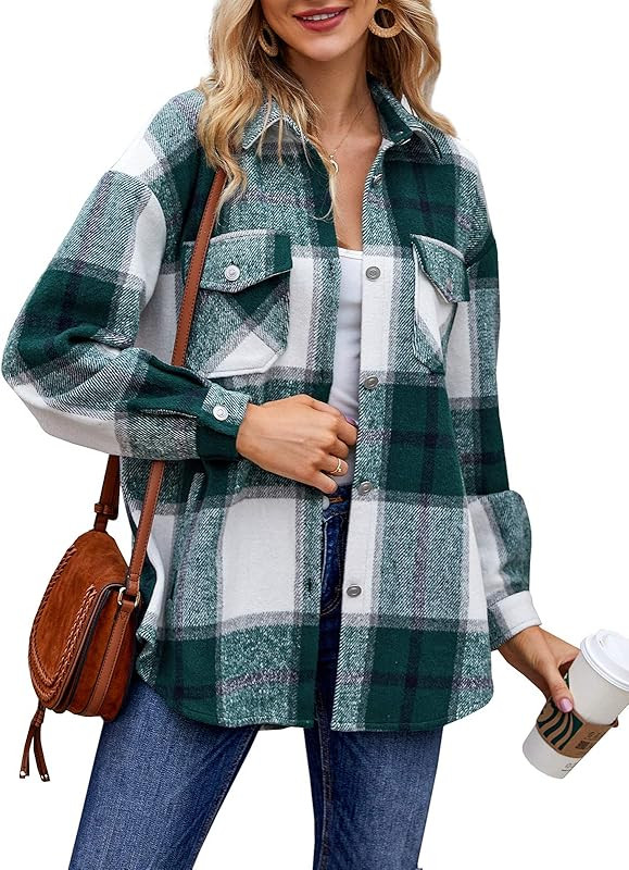 Imysty Womens Casual Plaid Wool Blend Shacket Button Down Long Sleeve Lapel Collar Shirts Coats | Amazon (US)