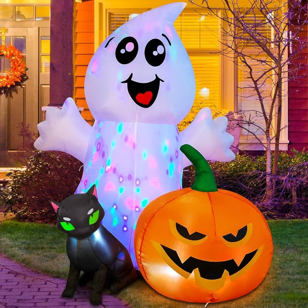COMIN Halloween Inflatable 5FT Ghost with Black Cat and Pumpkin, Built-in LEDs Blow Up Yard Decor... | Amazon (US)