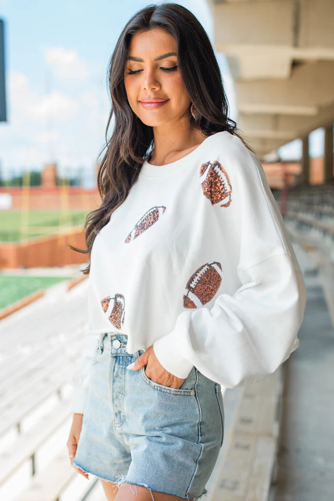 Off To A Good Start Ivory Football Patch Cropped Pullover | Pink Lily