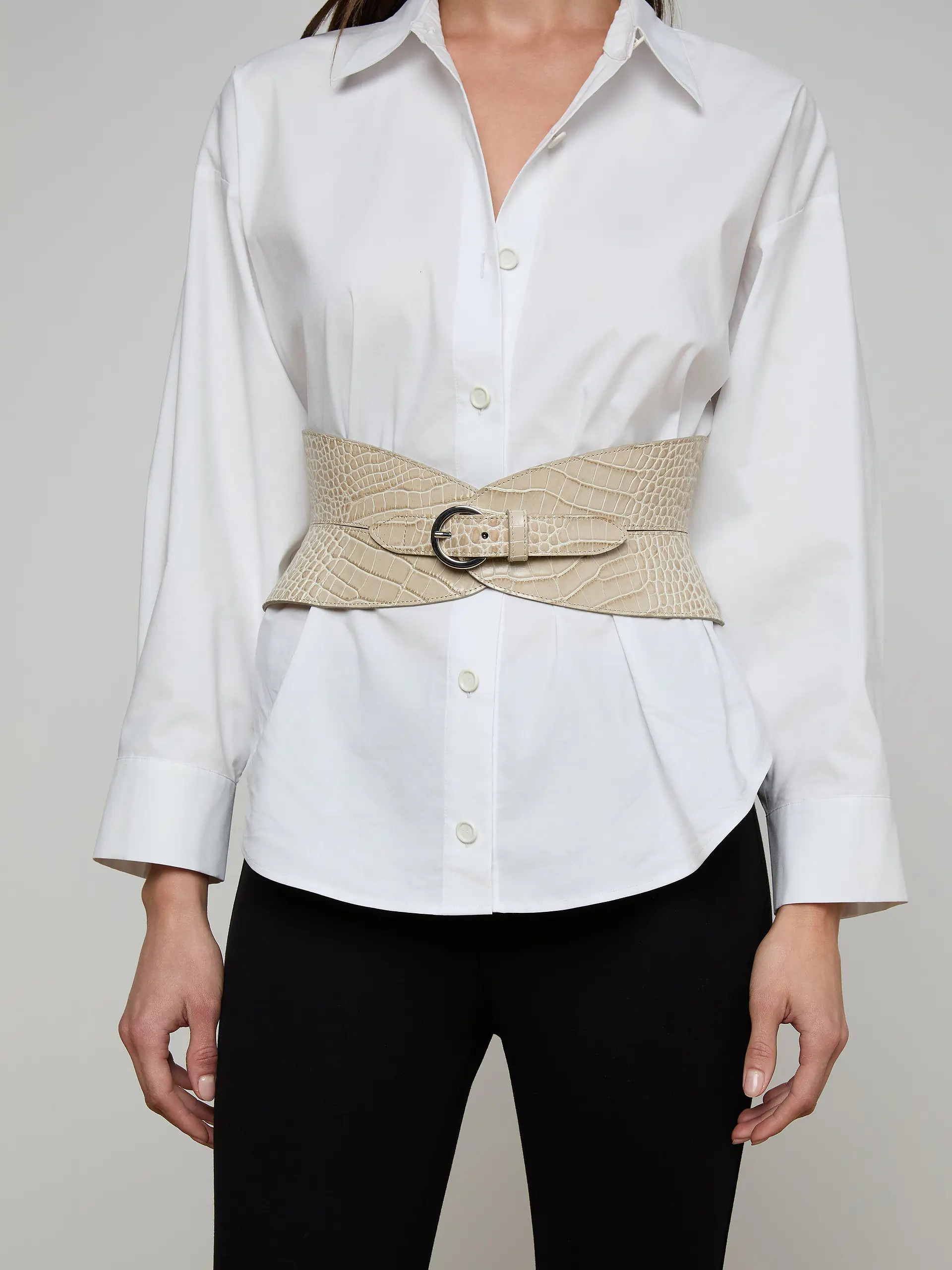 Alexandra Croc-Embossed Corset Belt in Ivory Croc Embossed | L'AGENCE | L'Agence