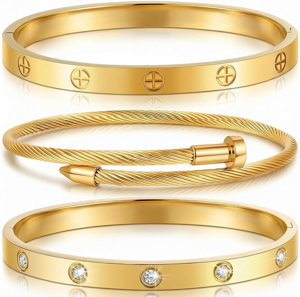 Gold Bracelets for Women - Stackable Bangles with Love & Friendship Theme - Stainless Steel Jewel... | Amazon (US)