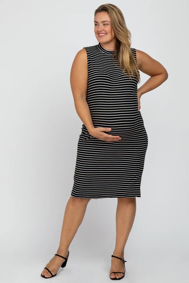 Black Striped Mock Neck Maternity Plus Midi Dress | PinkBlush Maternity