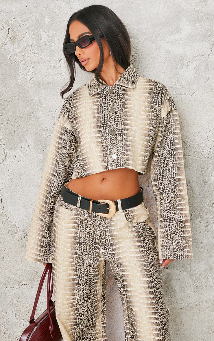 Petite Snake Print Faux Leather Boxy Jacket | PrettyLittleThing US