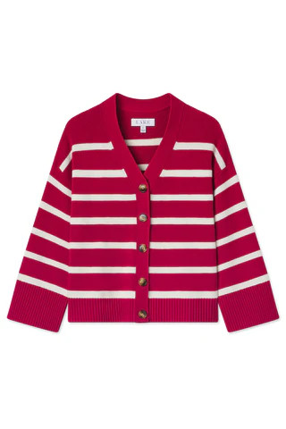 Nora Cardigan in Ivory Crimson Inverse Stripe | Lake Pajamas