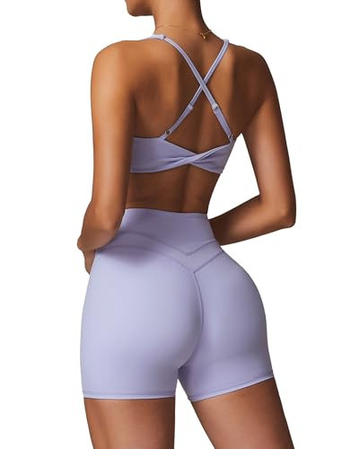 ABOCIW Workout Sets for Women 2 Piece V Neck Twist Back Sports Bra High Waist Biker Shorts Yoga Outfits Purple X-Large | Amazon (US)
