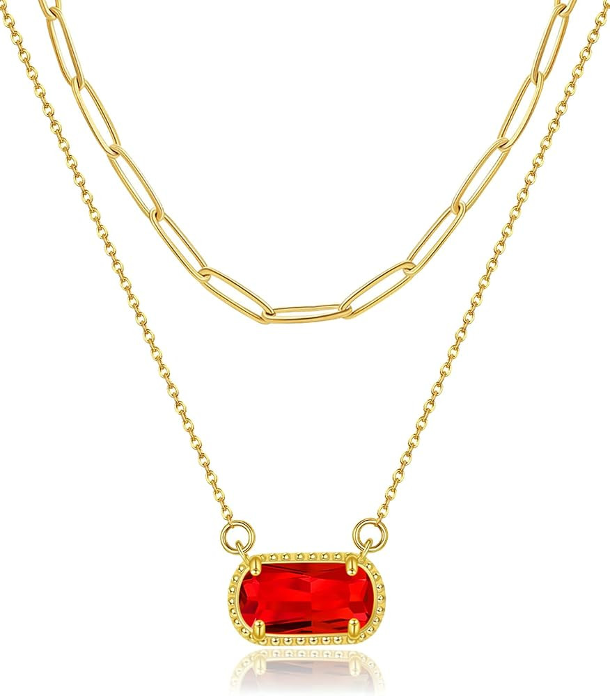 Lourny Gemstone Birthstone Pendant Layered Necklace for Women Trendy, 18K Gold Plated Paperclip C... | Amazon (US)
