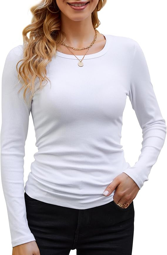 GEMBERA Womens Ribbed Long Sleeve Crewneck Casual Slim Basic Shirts Fitted Knit Tops | Amazon (US)