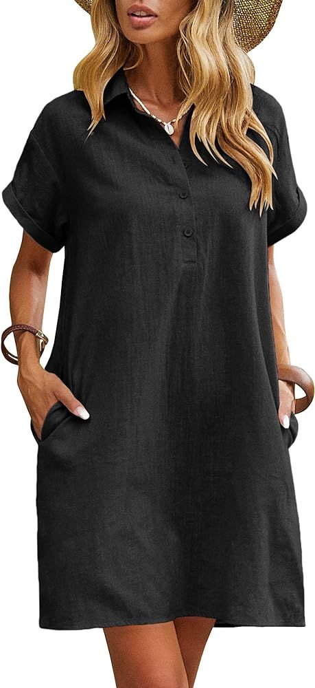 Zeagoo Womens Cotton Shirt Dress Summer Casual Short Sleeve Button Down Beach Cover Up Shirts wit... | Amazon (US)