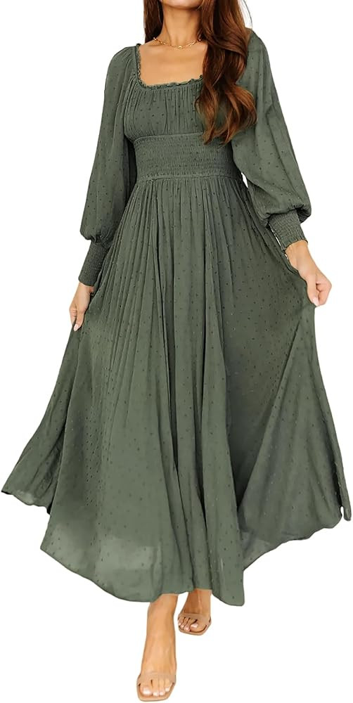 R.Vivimos Women's Puff Long Sleeve Maxi Dress Square Neck Elastic Empire Waist Swiss Dots Casual ... | Amazon (US)