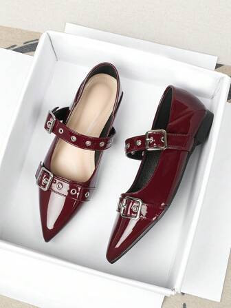 Zapatos Planos De Punta Femeninos, Estilo Bajo En Burdeos, Nuevos Para Otoño/Invierno 2024, Mocasines Rojos De Angora, Planos De Suela Blanda Estilo Británico Casual, Tallas Grandes 41-43 | SHEIN